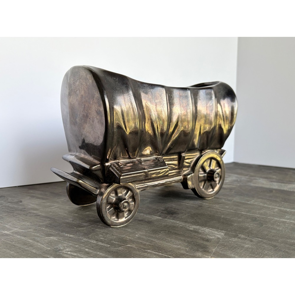 Kenwood USA 1511 Vintage Covered Wagon Ceramic Planter Metallic Glaze Western